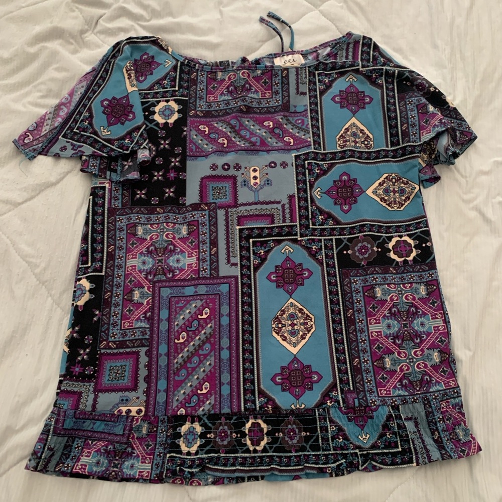 ECI New York Multicolor Bohemian Blue Black and Purple Patterned Blouse